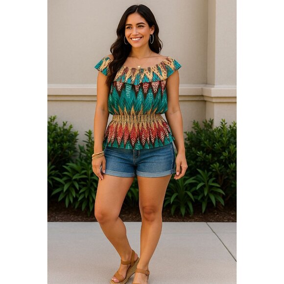 ACE Fashion Boho Peasant Blouse Festival Top Colorful Smocked Waist Ruffle Hem - Picture 2 of 11